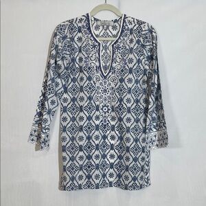 Bella Tu Tunic Top Size XS Blue White Beaded Embellishment Long Sleeve EUC